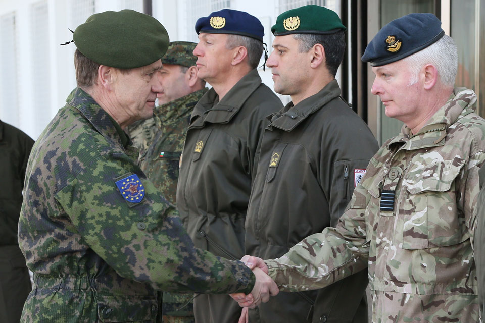 Lieutenant General Esa Pulkkinen greets staff outside EUFOR HQ in Camp Butmir, Sarajevo.